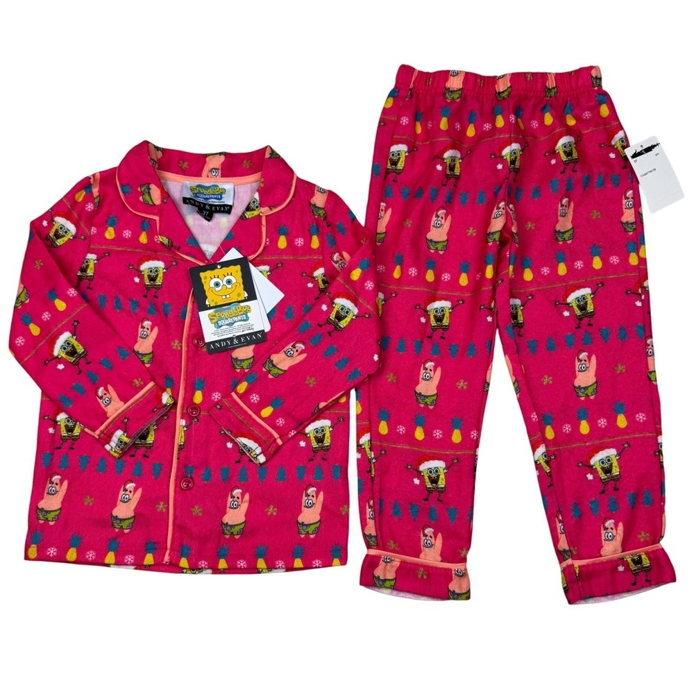 Andy &‎ Evan Spongebob Squarepants Kids Pajama Set Size 3T Pink Christmas Cozy